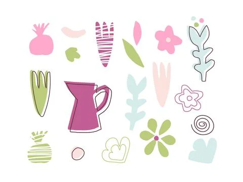 Flower set. Colored hand drawn sketch isolated on white. Silhouette vector Stock Illustration