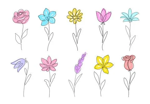 Flower set continuous line drawing. Plants one line illustration. Minimalist Stock Illustration