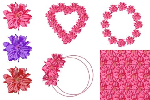 Flower set with flowers, frames, and seamless pattern Stock Illustration