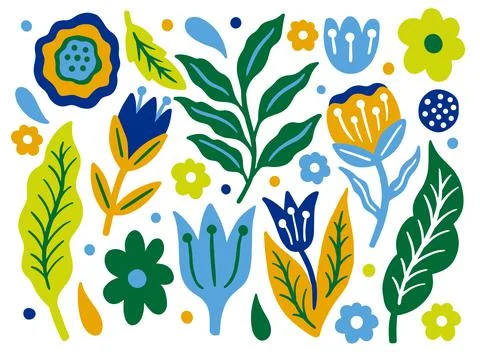 Flower set summer. Naive simple style. Plant and leaves element.Floral Stock Illustration