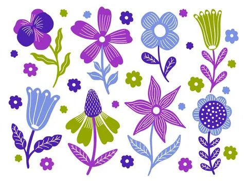 Flower set summer. Naive simple style. Plant and leaves element.Floral Stock Illustration