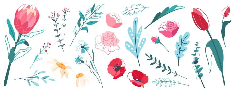 Flower set vector illustration. Cute floral bloom and leaf elements in modern Illustrazione stock