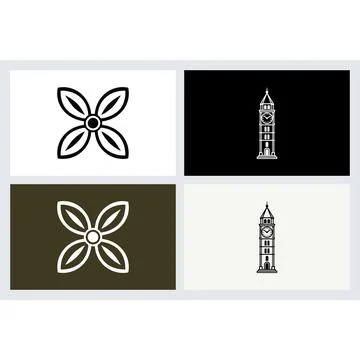 Flower shape and clock tower icons in flat style Stock Illustration