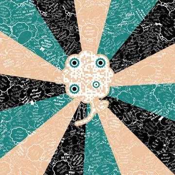 Flower shaped QR code in geometric shapes in hues of orange, cyan and black Stock-Illustration