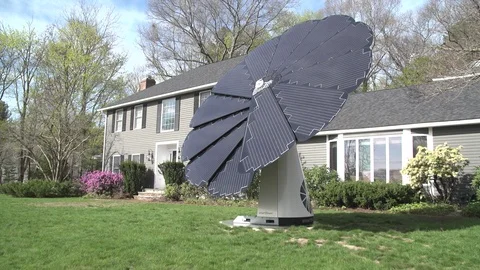 Flower shaped solar panel in garden Stock Footage 93525812