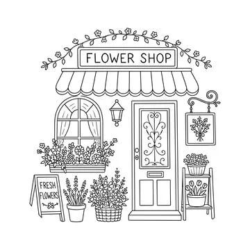 Flower Shop Embroidery Pattern, Cottagecore Storefront Hand Embroidery Design Stock Illustration