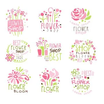 Flower Shop Green And Pink Colorful Graphic Design Template Logo Set, Hand Drawn Stock Illustration