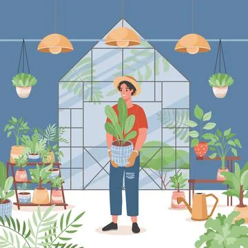 Flower shop interior vector flat design. Happy smiling man in casual clothes Stock Illustration