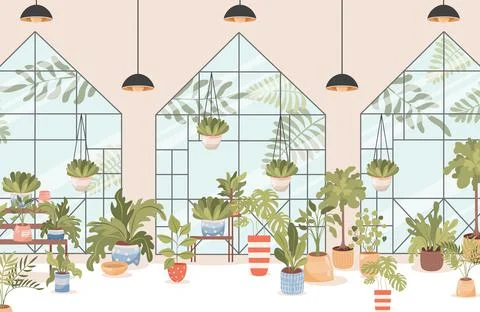 Flower shop vector flat interior design. Different home and outdoor plants and Stock Illustration