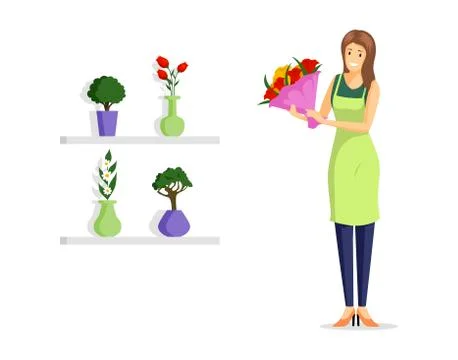 Flower shop worker flat vector illustration. Young florist in apron holding Stock Illustration