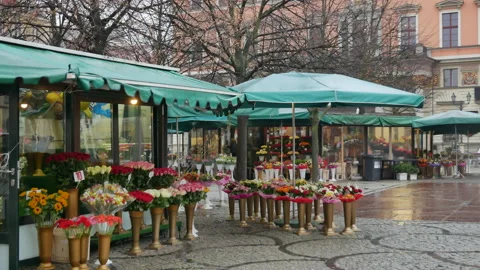 Flower shops on the square at the rainy winter day in Wroclaw, Poland - 4K Stock Footage 167272326