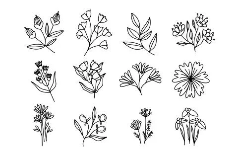Flower simple vector icon. Doodle outline plant. Drawings element silhouette Stock Illustration