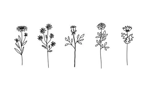 Flower simple vector icon. Doodle outline plant. Drawings element silhouette Stock Illustration