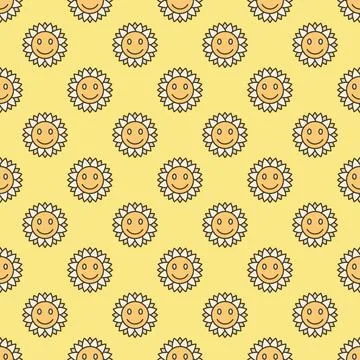 Flower with Smiling Face vector Hippie Vintage style colored seamless pattern Stock Illustration