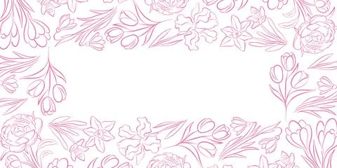 Flower spring frame in line art style. Elegant botanical background with white Stock Illustration