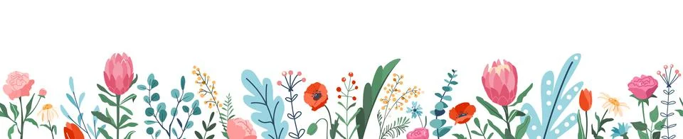 Flower spring seamless border vector illustration background. Floral bloom and Stock Illustration