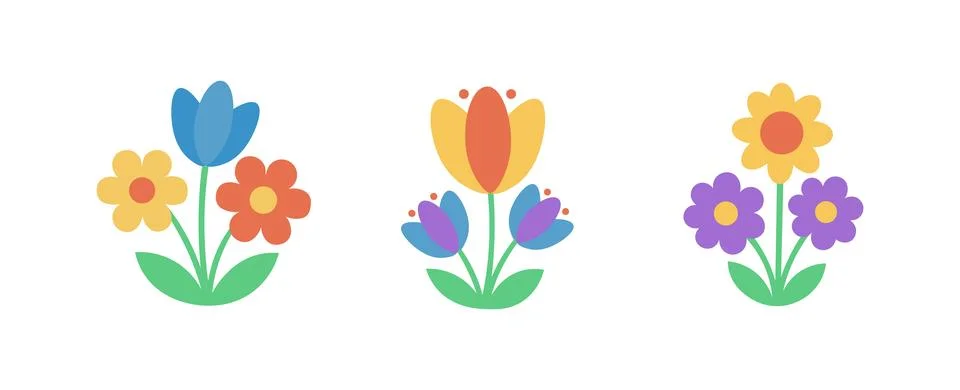 Flower spring vector flat cartoon icon set. Floral plant garden spring abstract Stock Illustration