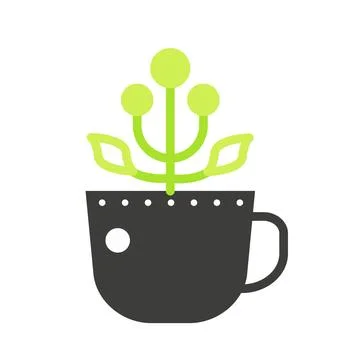 Flower on stem with leaves growing from pot with handle, black and green line Illustration