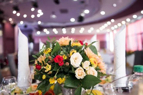 Flower table decorations for wedding party Stock Photos