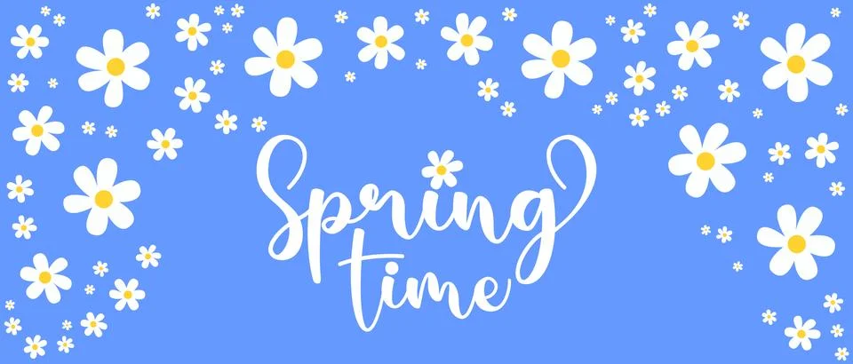 Flower with text spring time blue background Stock Illustration