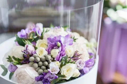Flower in transparent plastic box. Brides wedding bouquet with peonies, freesia Stock Photos