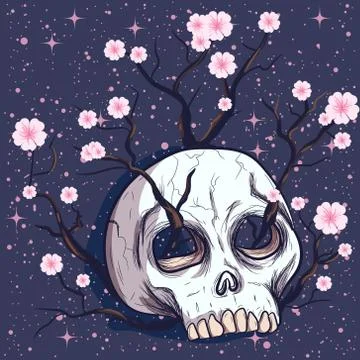 Flower tree growing out of a human skull. Stock Illustration