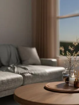 Flower vase and candle with diffuser on wooden tray at round table across s.. Illustrazione stock