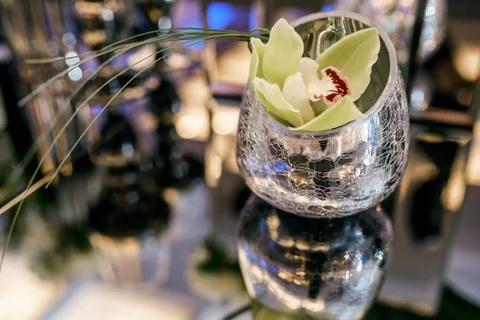 Flower in a vase with patterns. reflected on the table Foto stock