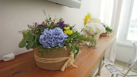 Flower Vases on a Wooden Shelf Stock Footage