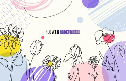 Flower vector background with one line floral plants, abstract geometric shapes Stock Illustration