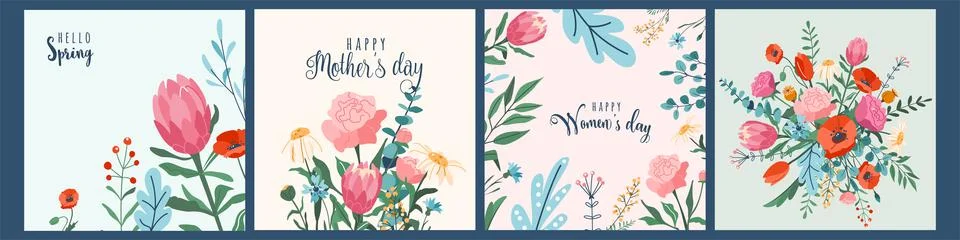 Flower vector background set. Spring floral patterns for post, card template Stock Illustration