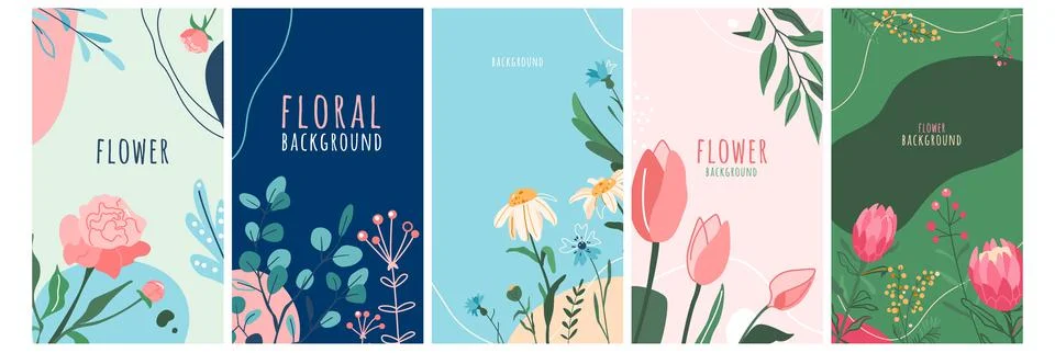 Flower vector background set. Spring floral patterns with line elements and Stock Illustration