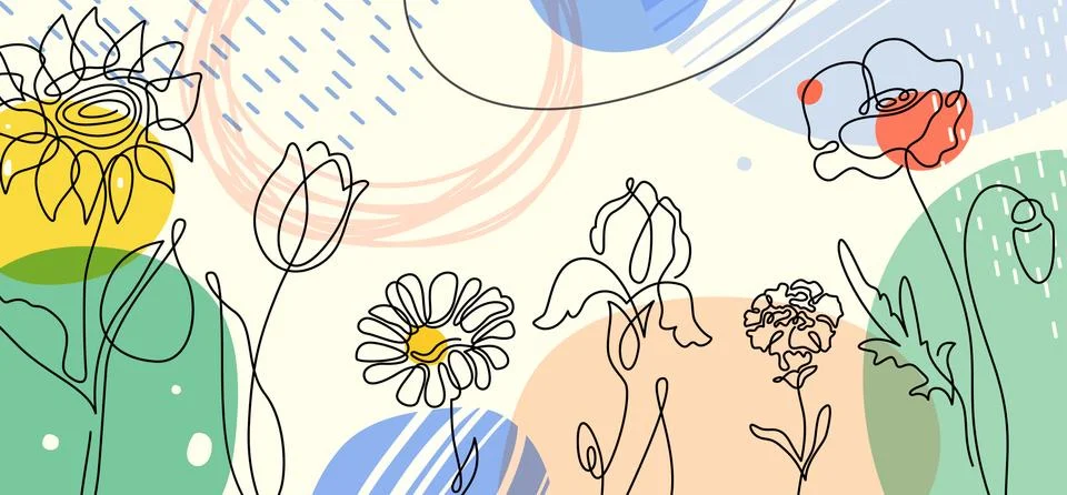 Flower vector banner background with one line floral plants, abstract geometric Stock Illustration