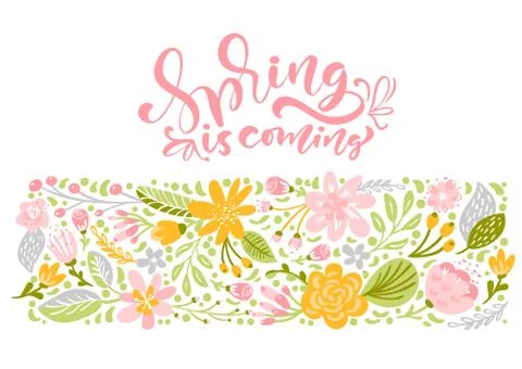 Flower Vector greeting card with text Spring is coming. Isolated flat Stock Illustration