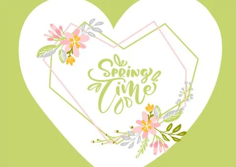 Flower Vector greeting card with text Spring Time. Isolated flat illustration on Illustrazione stock