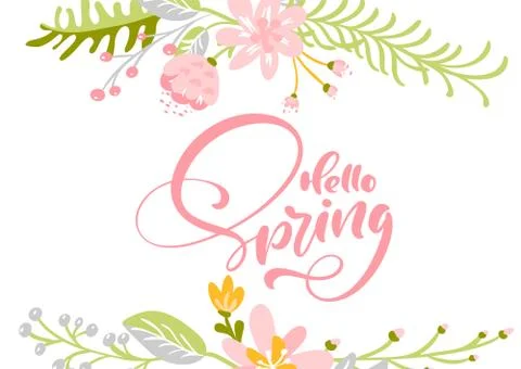Flower Vector greeting card with text Hello Spring. Isolated flat illustration Illustrazione stock