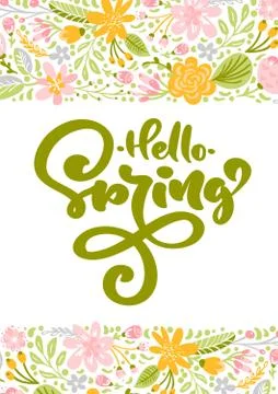 Flower Vector greeting card with text Hello Spring. Isolated flat illustration Illustrazione stock