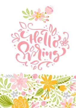 Flower Vector greeting card with text Hello Spring. Isolated flat illustration Stock Illustration