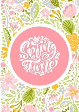 Flower Vector greeting card with text Spring Time. Isolated flat illustration on Illustrazione stock