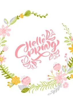 Flower Vector greeting card with text Hello Spring. Isolated flat illustration イラスト素材