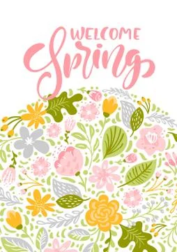 Flower Vector greeting card with text Welcome Spring. Isolated flat illustration Stock Illustration