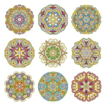 Flower vector mandalas set. Collrction of oriental circle patterns, coloring  Stock Illustration