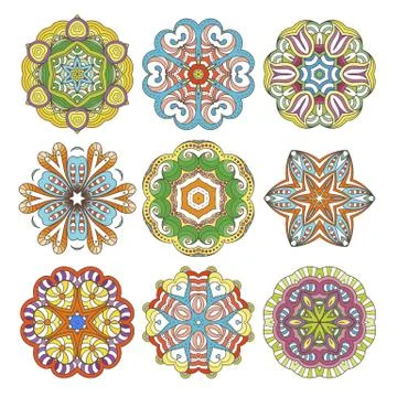 Flower vector mandalas set. Collrction of oriental circle patterns, coloring  Stock Illustration