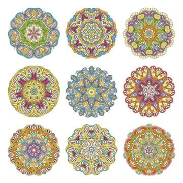 Flower vector mandalas set. Collrction of oriental circle patterns, coloring  Stock Illustration