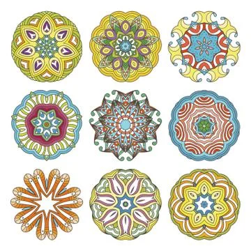 Flower vector mandalas set. Collrction of oriental circle patterns, coloring  Stock Illustration