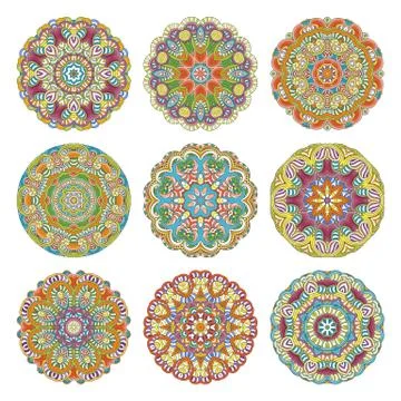 Flower vector mandalas set. Collrction of oriental circle patterns, coloring  Stock Illustration