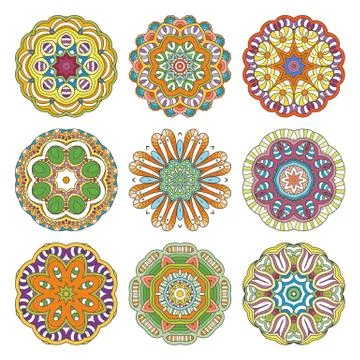 Flower vector mandalas set. Collrction of oriental circle patterns, coloring  Stock Illustration
