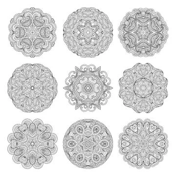 Flower vector mandalas set. Collrction of oriental circle patterns, coloring  Stock Illustration