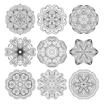 Flower vector mandalas set. Collrction of oriental circle patterns, coloring  Stock Illustration