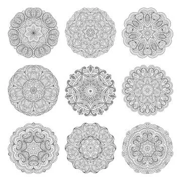 Flower vector mandalas set. Collrction of oriental circle patterns, coloring  Stock Illustration